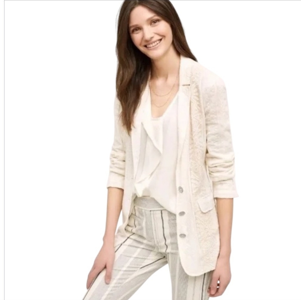 Cartonnier Anthropologie Cream Lupe Lace And Swiss Dot Textured Blazer Small